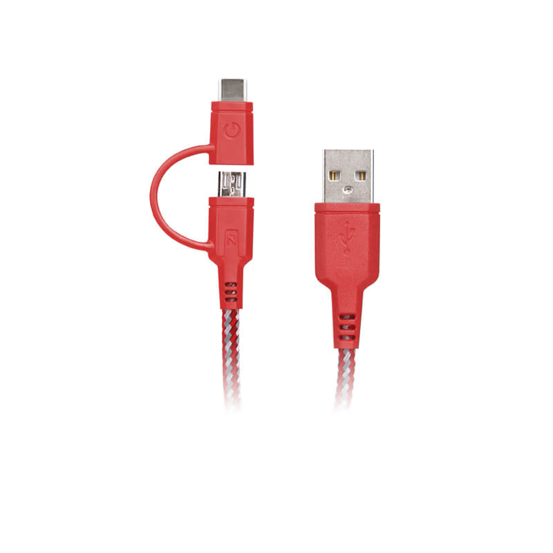 スマートフォン（汎用）/Type-C/2-in-1 USB-C + microUSB/1.5m/Red(レッド）