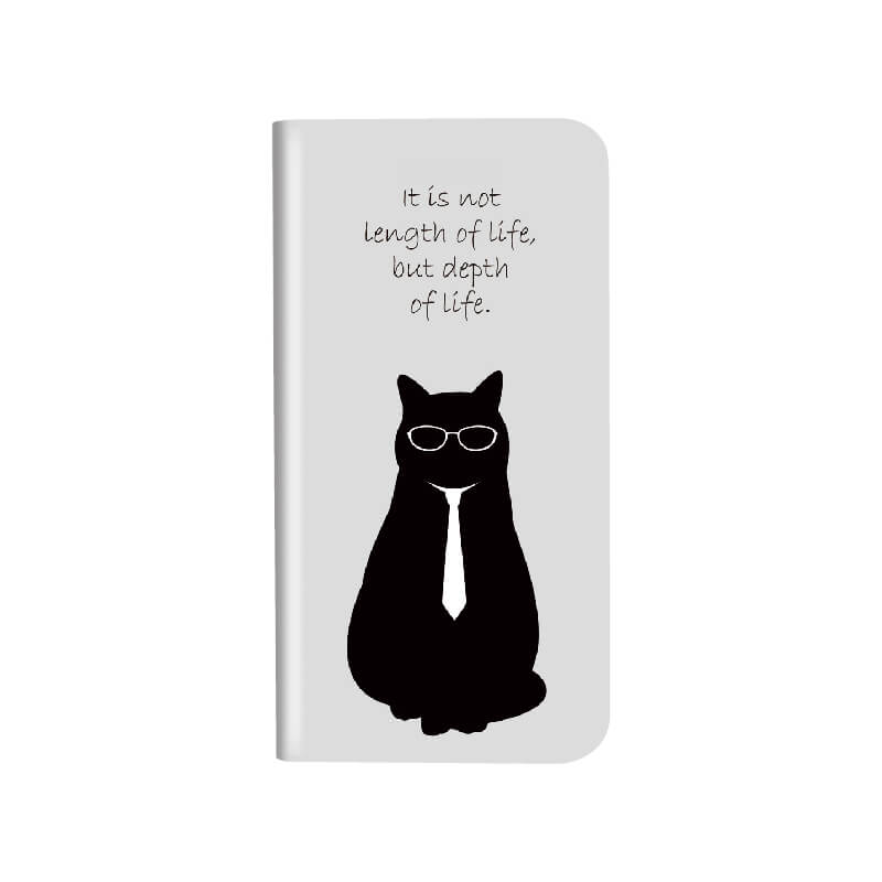 らくらくスマートフォン4 F-04J 薄型デザインPUレザーケース「Design+」 イラスト 黒ネコ