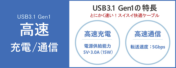 USB A to Type-C(USB 3.1 Gen1) ケーブル