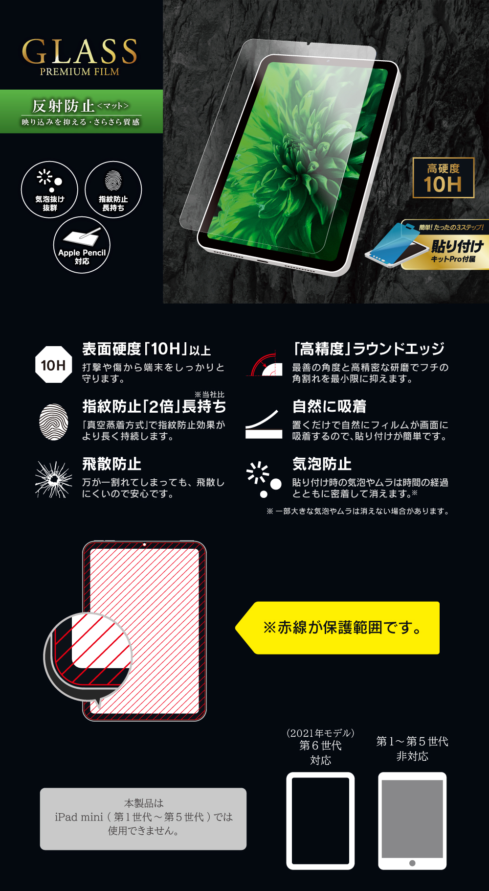 2021 iPad mini (第6世代) ガラスフィルム「GLASS PREMIUM FILM」 スタンダードサイズ マット・反射防止